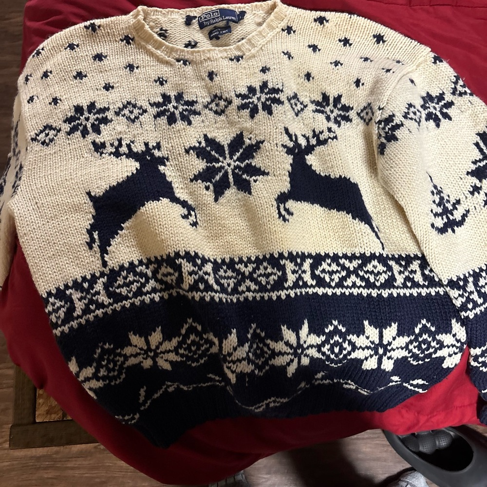 Polo by Ralph Lauren Men's Navy and Cream Crewneck Sweater